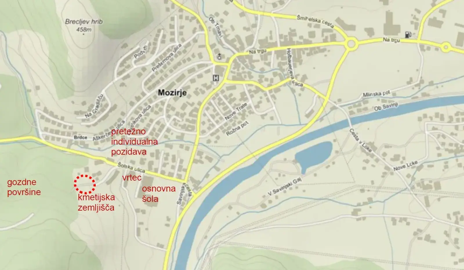 Zemljevid Mozirja z označenim območjem OPPN Brdce