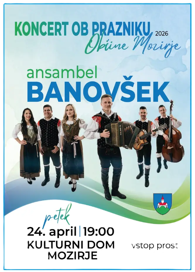 Letak z vabilom na koncert ansabla Banovšek ob občinskem prazniku - Kulturni dom Mozirje, 24. april 2026 ob 19:00 - vstop prost